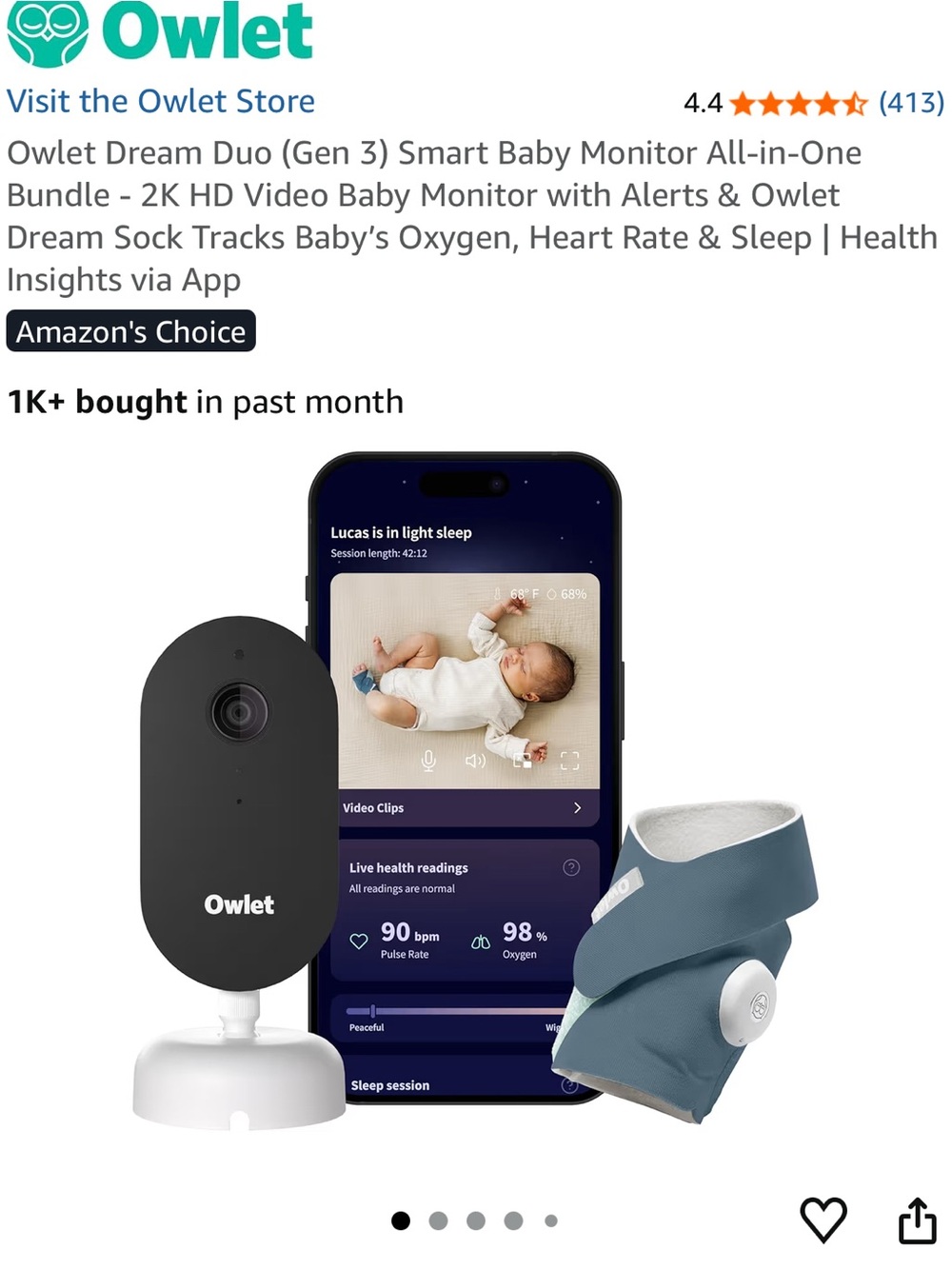 Owlet Dream Duo (Gen 3) Baby Monitor Bundle – Blue Monitor & Sock
